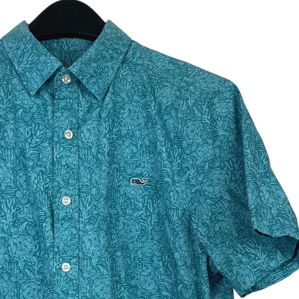 Vineyard Vines Whale Shirt All Over Turtles Mens M Cotton Short Sleeve Turquoise